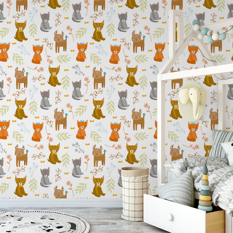 Tapeta - dziecięca, koty, jelenie, liście