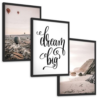 Zestaw obrazy w ramie, plakaty - balony, plaża, skały - rama czarna