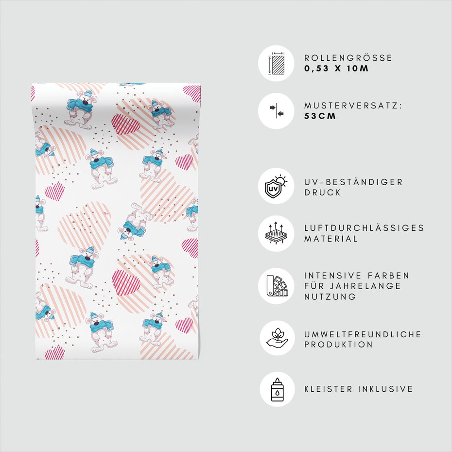 Tapeta - dziecięca, niedźwiedź, szalik, serce