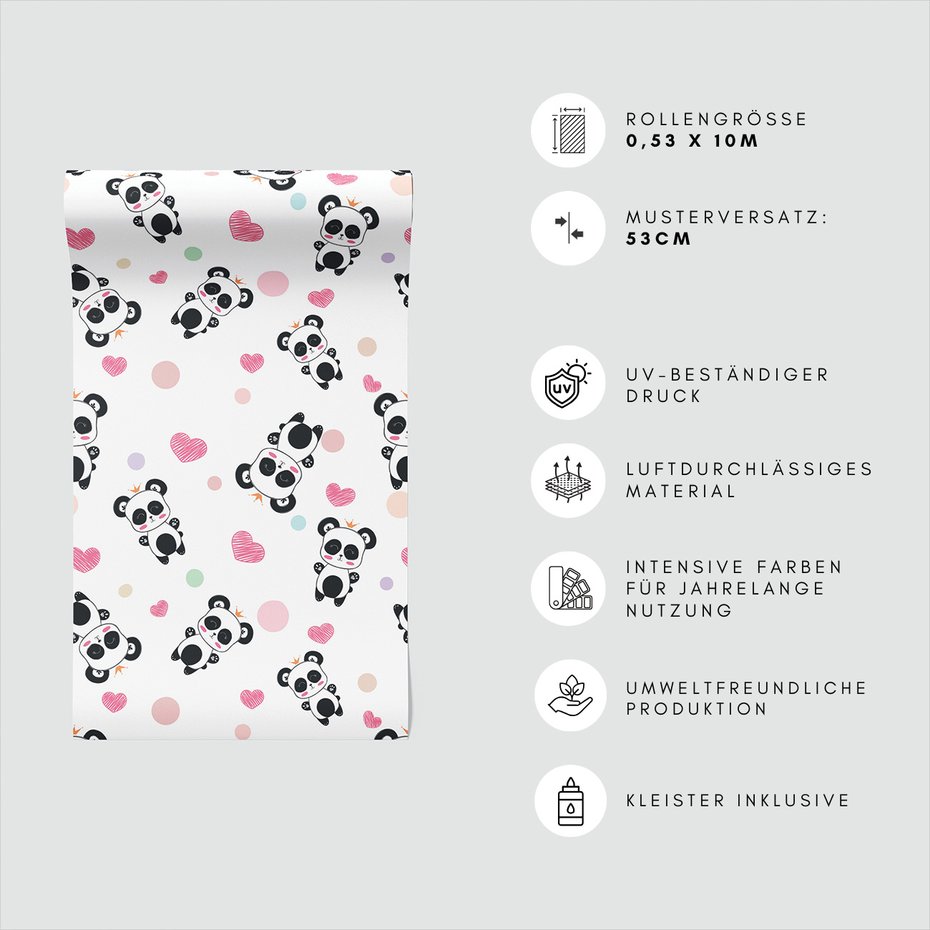 Tapeta - dziecięca, panda, serca, korony
