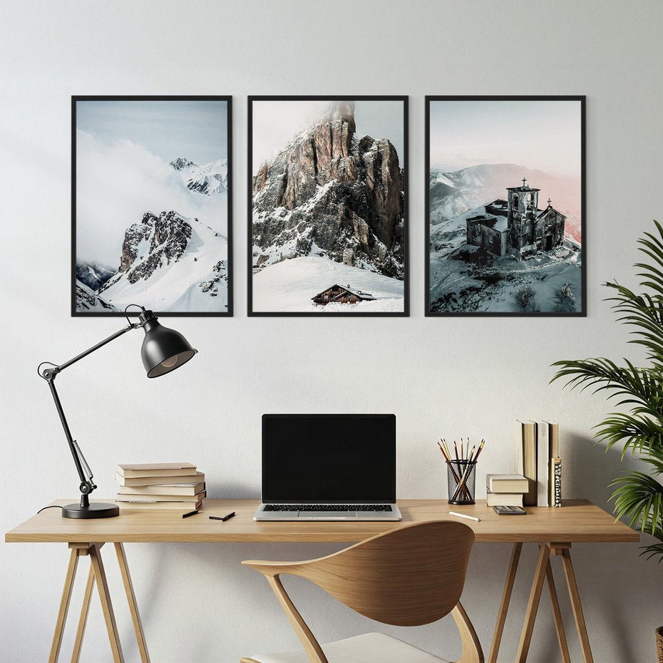 Zestaw obrazy w ramie, plakaty - góry, śnieg, zima - rama czarna