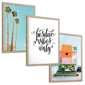 Zestaw obrazy w ramie, plakaty - palmy, plaża, tropikalny - rama drewno