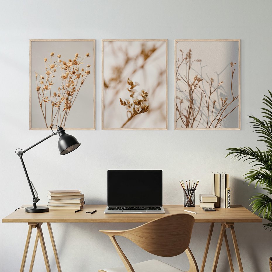 Zestaw obrazy w ramie, plakaty - kwiaty,rośliny,suszone, - rama drewno