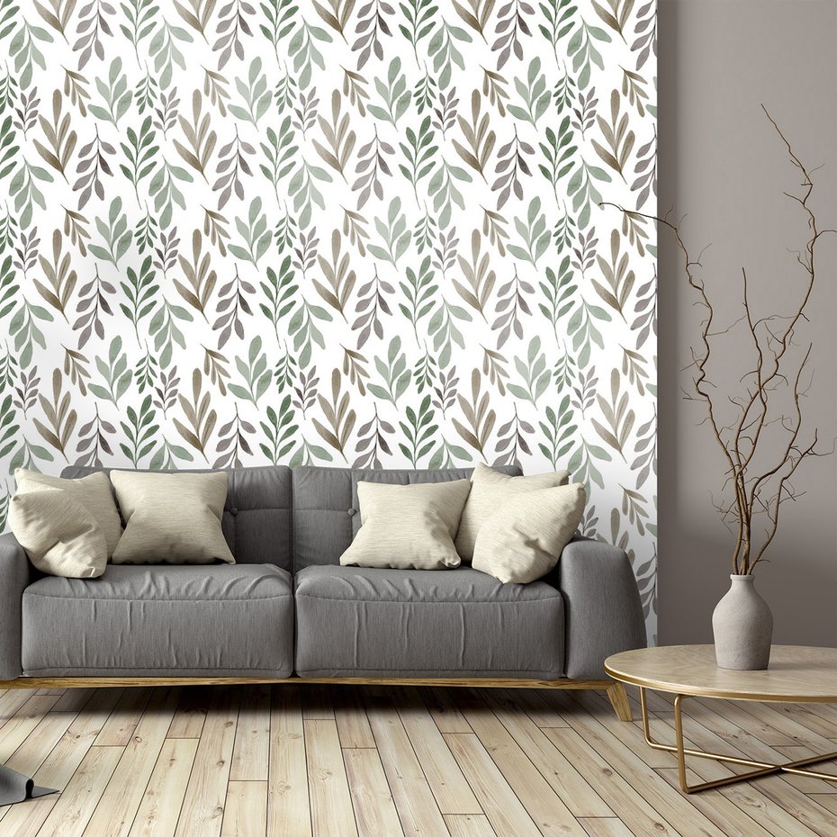 Tapeta - liście, gałązki, akwarela