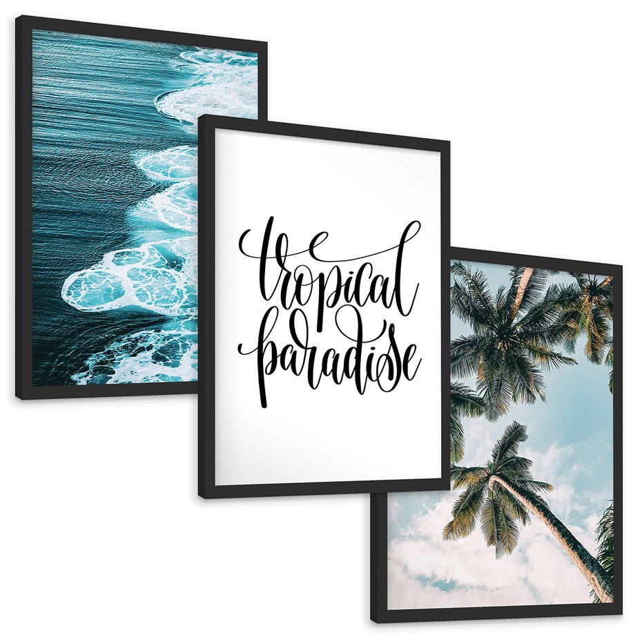Zestaw obrazy w ramie, plakaty - tropikalny, morze, palmy - rama czarna