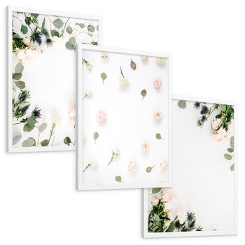 Zestaw obrazy w ramie, plakaty - kwiaty, liście, eukaliptus - rama biała