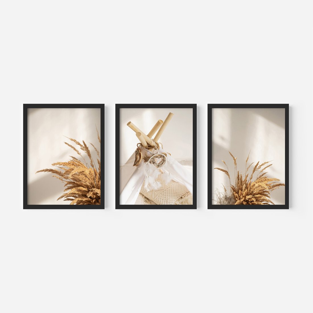 Zestaw obrazy w ramie, plakaty - trawa, dekoracja, pióra - rama czarna