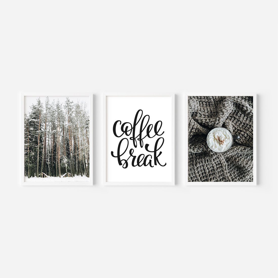 Zestaw obrazy w ramie, plakaty - zima, las, napój - rama biała