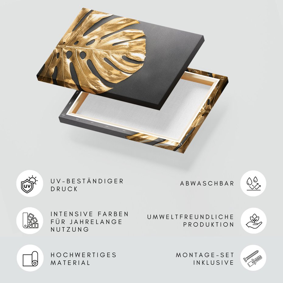 Obraz na płótnie - liść, złoty, monstera