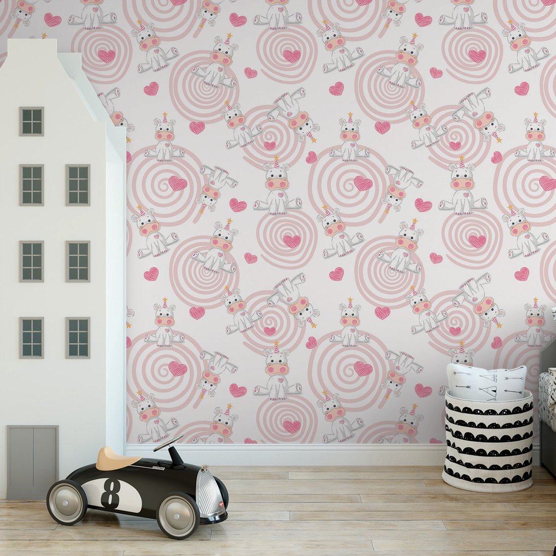 Tapeta - dziecięca, hipopotam, serce, wzór