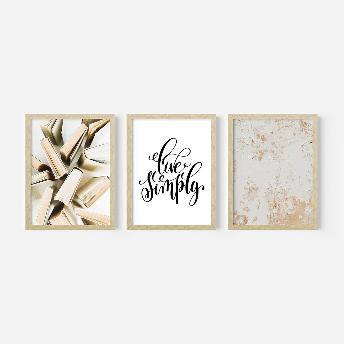 Zestaw obrazy w ramie, plakaty - książki, tekst, ściana - rama drewno