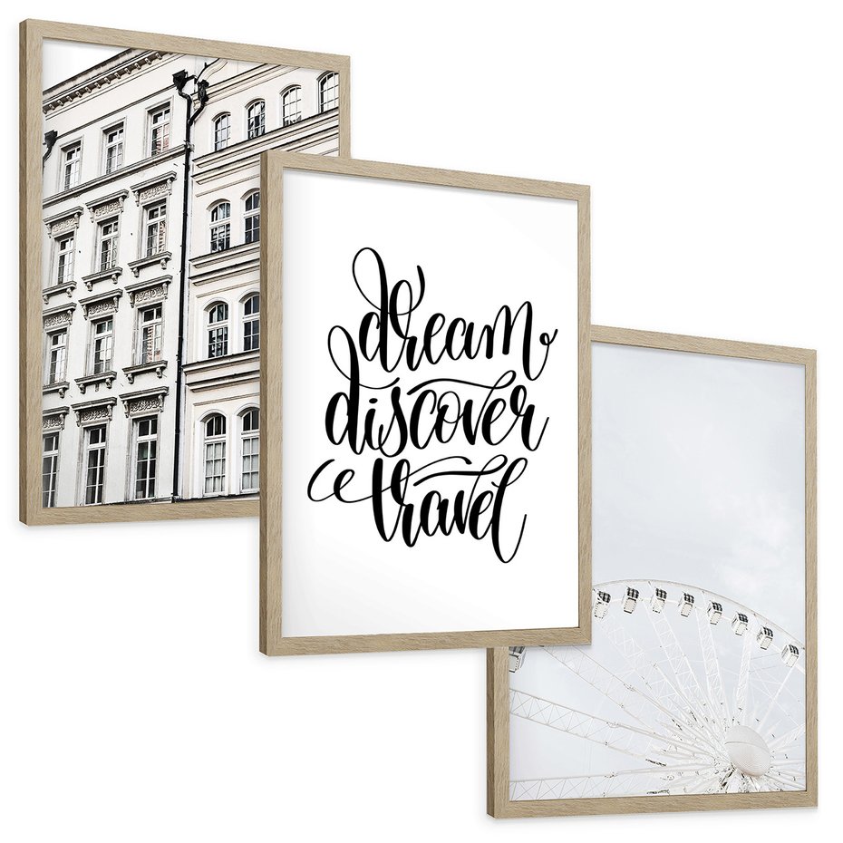 Zestaw obrazy w ramie, plakaty - budynek,typografia,koło - rama drewno