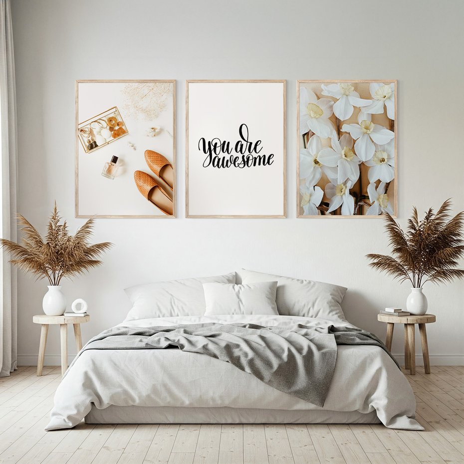 Zestaw obrazy w ramie, plakaty - kwiaty, akcesoria, buty - rama drewno