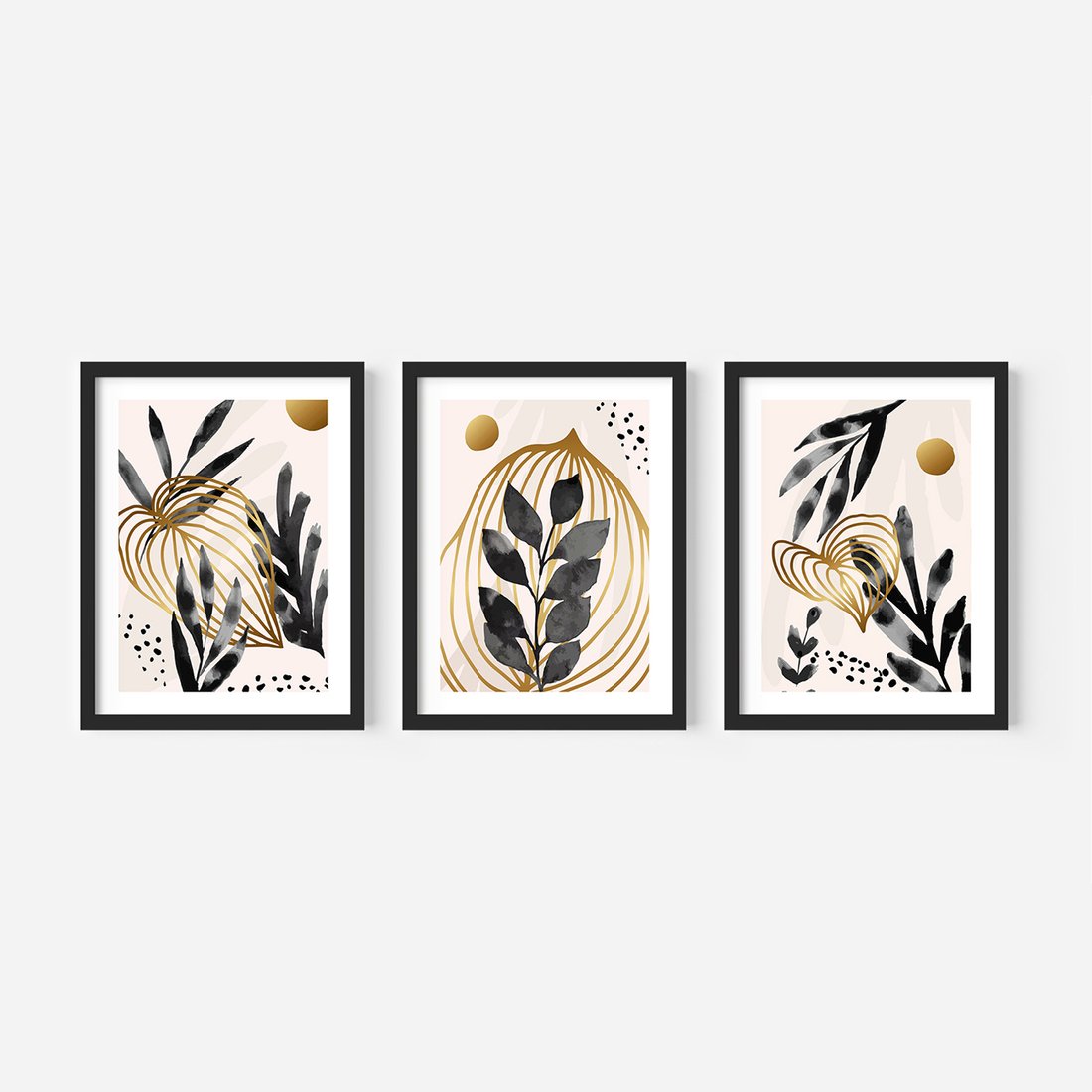 Zestaw obrazy w ramie, plakaty - liście, złoto, abstrakcja - rama czarna