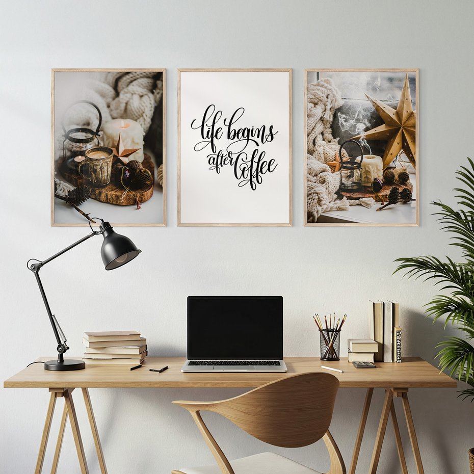 Zestaw obrazy w ramie, plakaty - kawa, świece, dekoracje - rama drewno