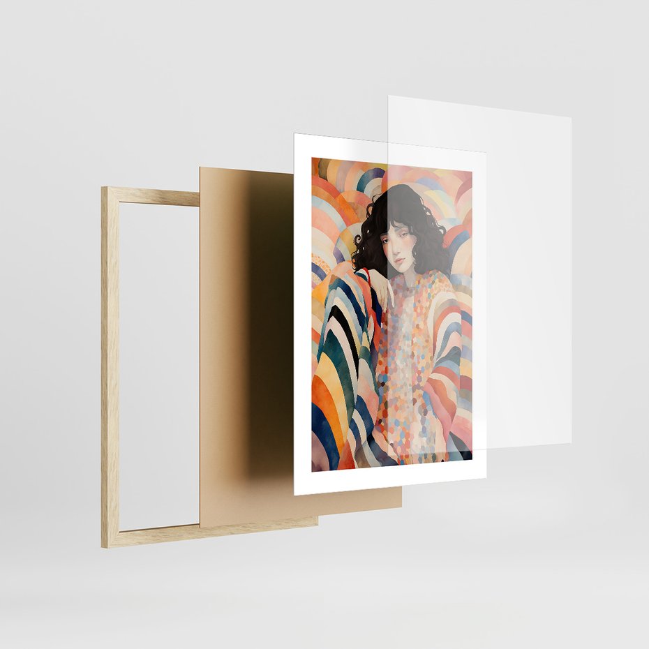 Zestaw obrazy w ramie, plakaty - kobieta, wzory, kolory, - rama drewno