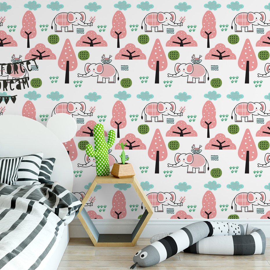 Tapeta - dziecięca, słoń, drzewa, ptak