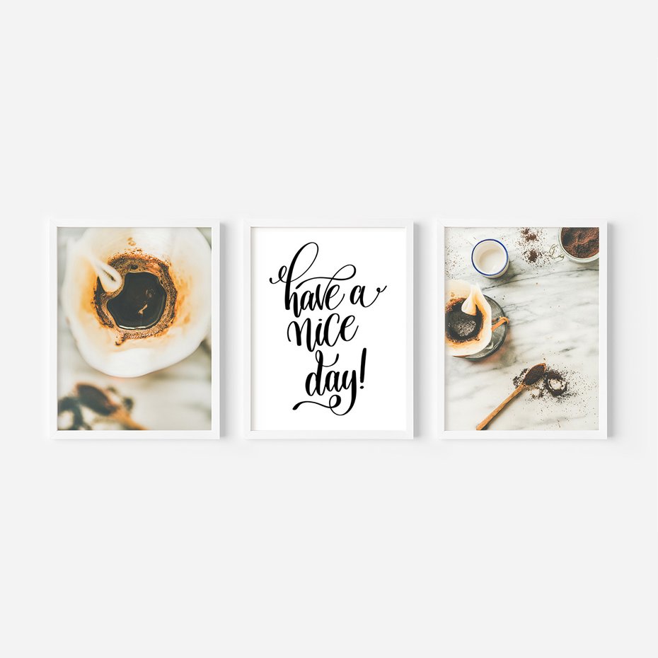 Zestaw obrazy w ramie, plakaty - kawa, napój, filiżanka - rama biała