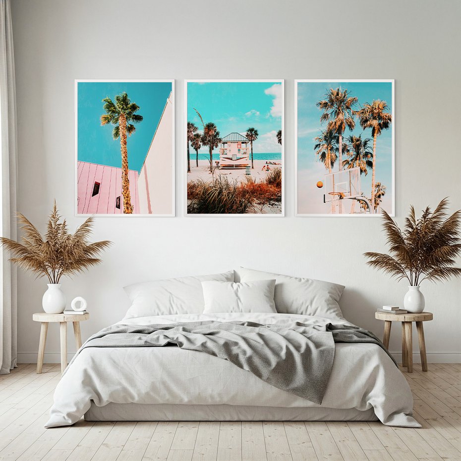 Zestaw obrazy w ramie, plakaty - palmy, plaża, tropiki - rama biała