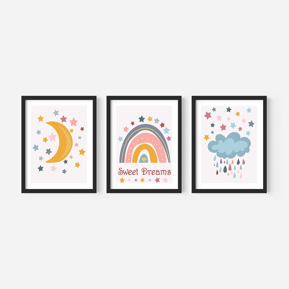 Zestaw obrazy w ramie, plakaty - gwiazdy, księżyc, tęcza - rama czarna
