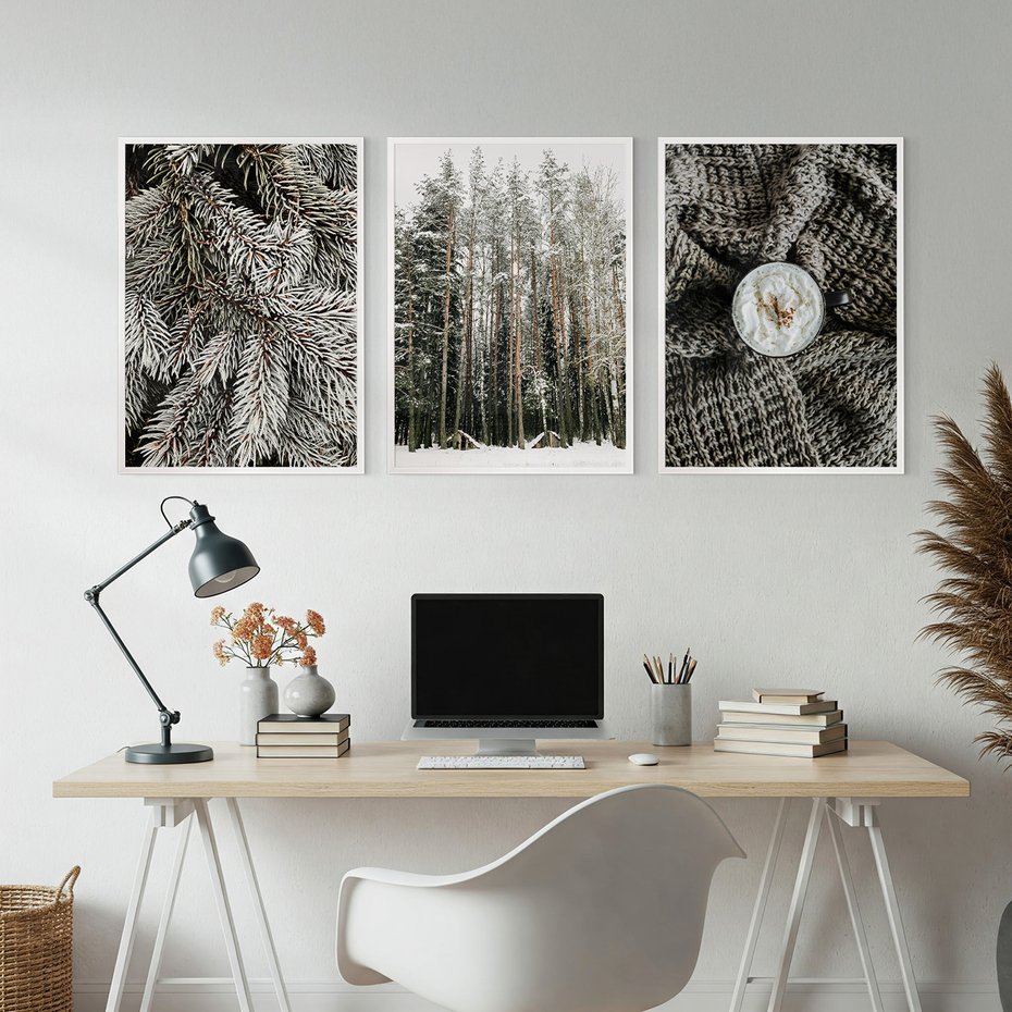 Zestaw obrazy w ramie, plakaty - zima, śnieg, las - rama biała