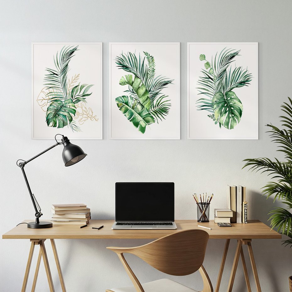 Zestaw obrazy w ramie, plakaty - liście, rośliny, tropikalne - rama biała