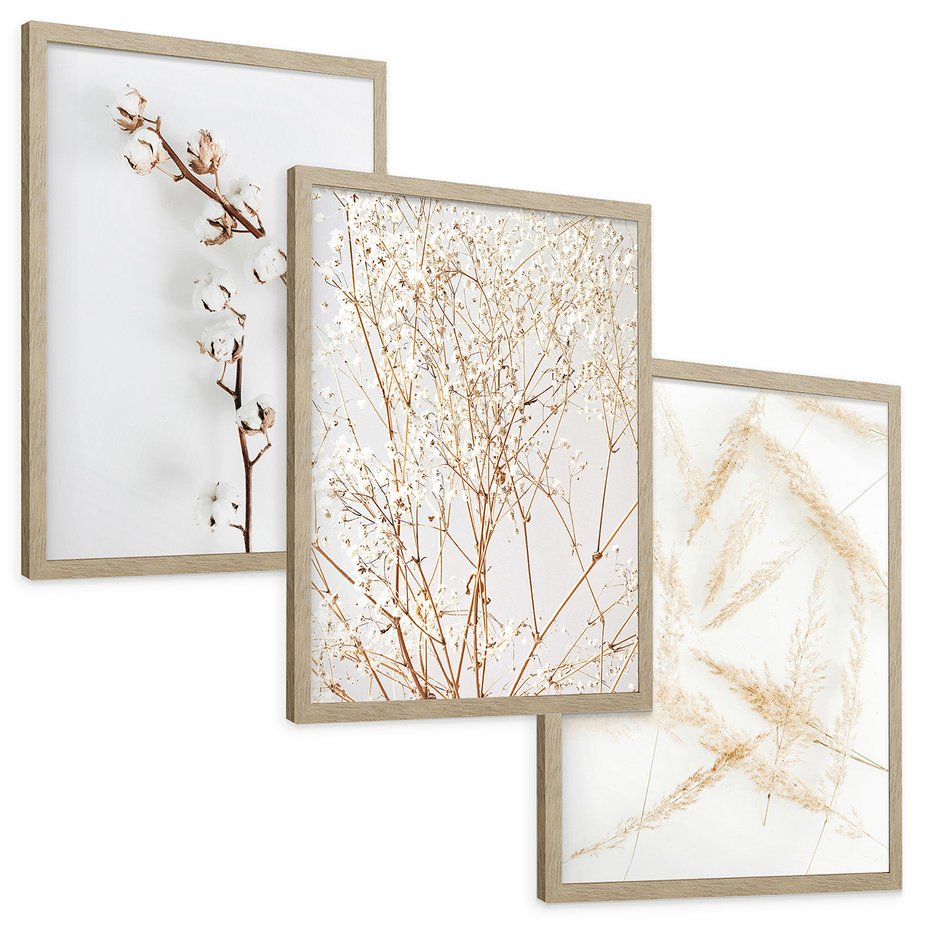 Zestaw obrazy w ramie, plakaty - kwiaty, gałązki, minimalizm - rama drewno