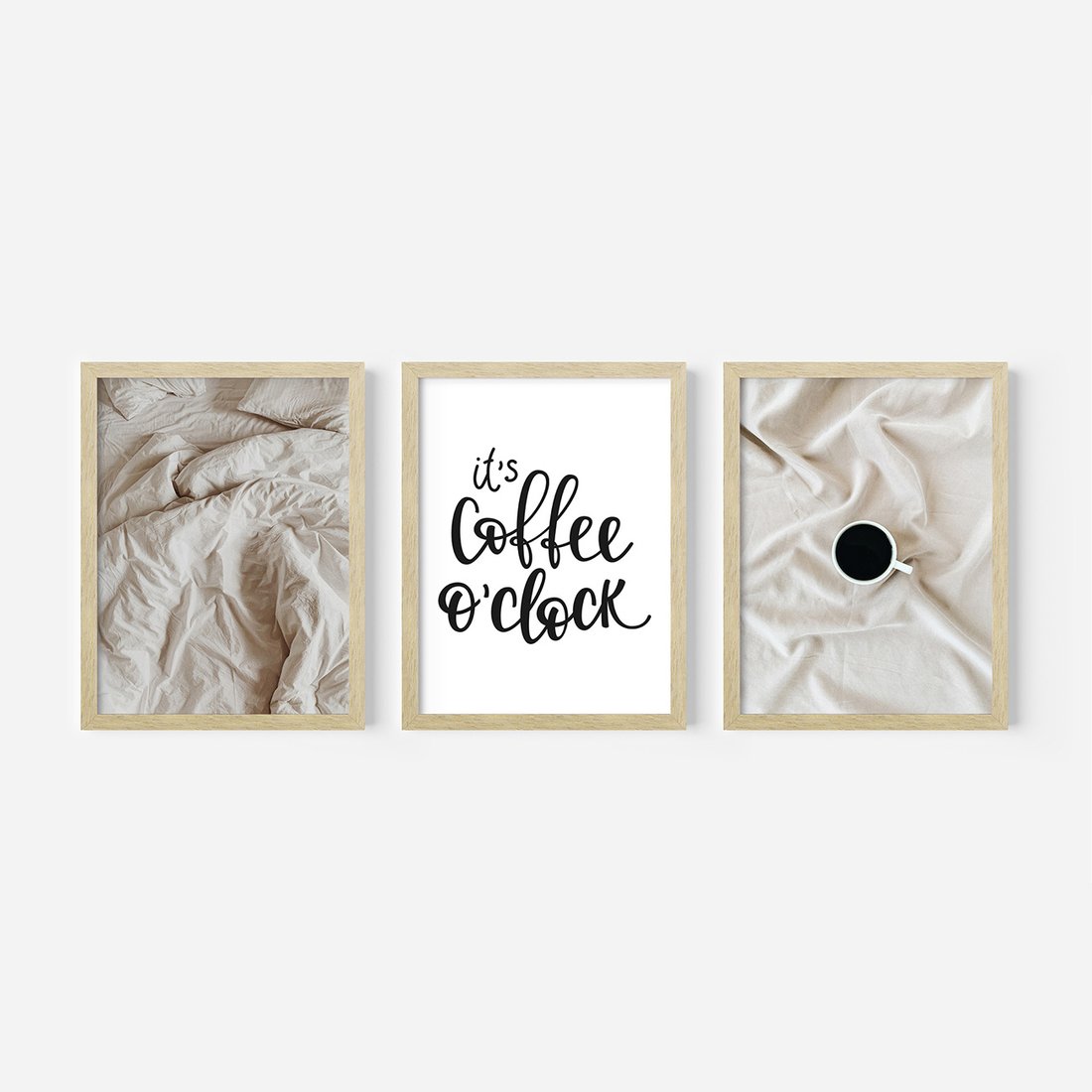 Zestaw obrazy w ramie, plakaty - pościel, kawa, relaks - rama drewno