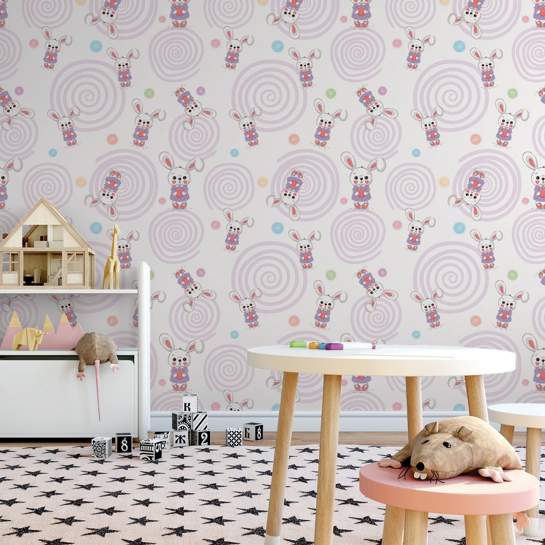 Tapeta - dziecięca, króliki, serca,
