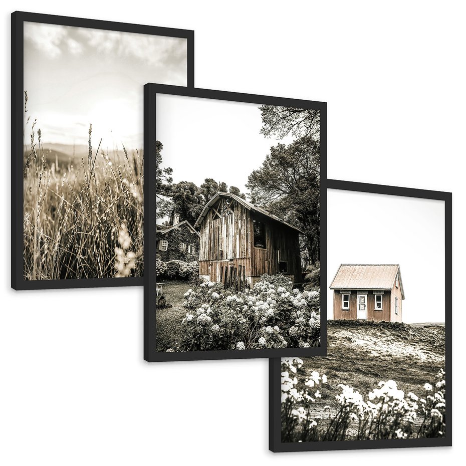 Zestaw obrazy w ramie, plakaty - wieś, natura, budynki - rama czarna