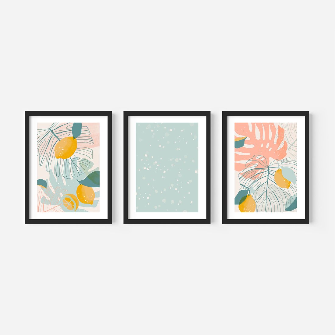 Zestaw obrazy w ramie, plakaty - liście, cytryny, abstrakcja - rama czarna