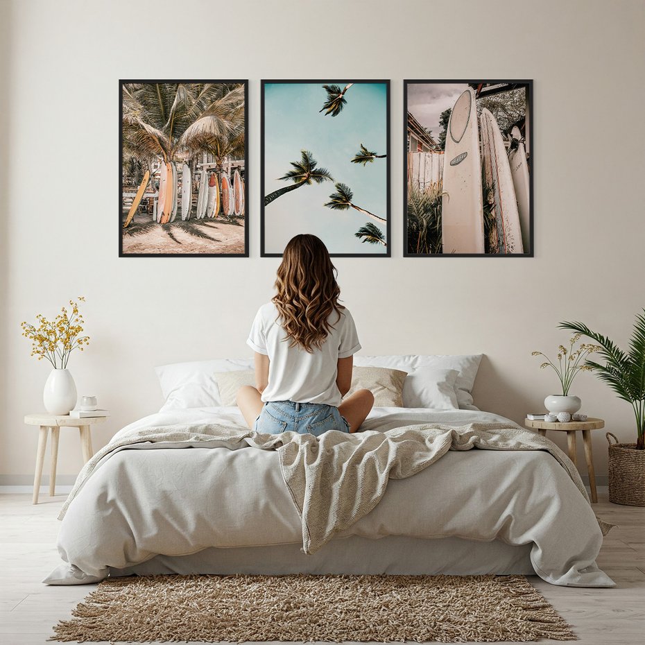 Zestaw obrazy w ramie, plakaty - palmy, deski surfingowe, plaża - rama czarna