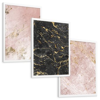Zestaw obrazy w ramie, plakaty - marmur, tekstura, złoto - rama biała