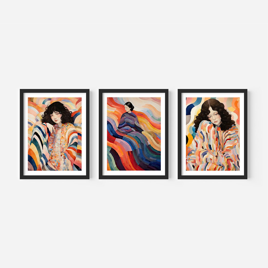 Zestaw obrazy w ramie, plakaty - kobieta, wzory, kolory, - rama czarna