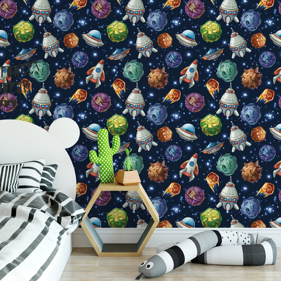 Tapeta - dziecięca, kosmos, planeta, statek