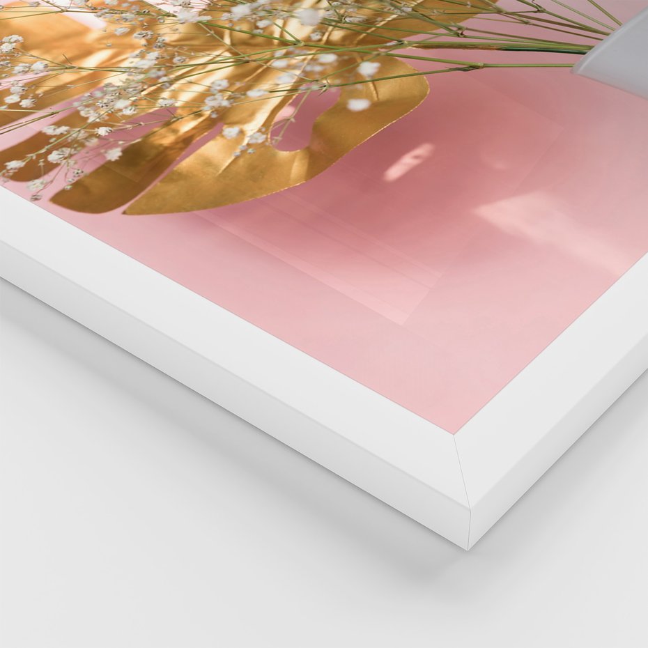 Zestaw obrazy w ramie, plakaty - kwiaty, liście, złoty - rama biała