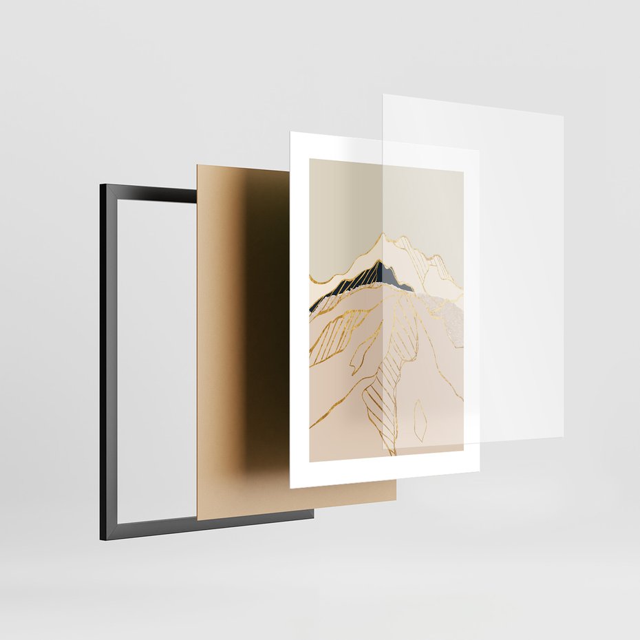 Zestaw obrazy w ramie, plakaty - góry, abstrakcja, złoto - rama czarna