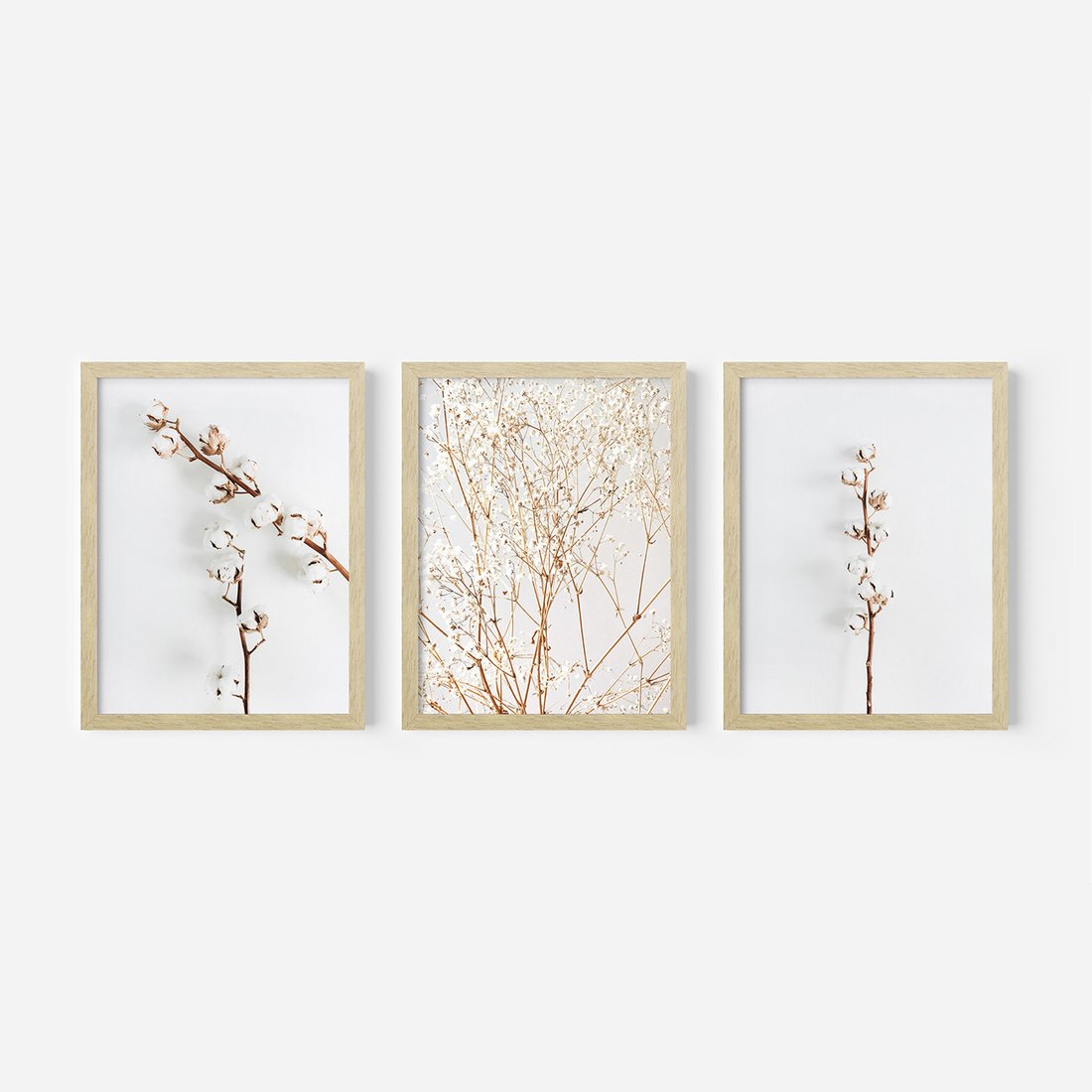 Zestaw obrazy w ramie, plakaty - bawełna, gałązki, delikatny - rama drewno