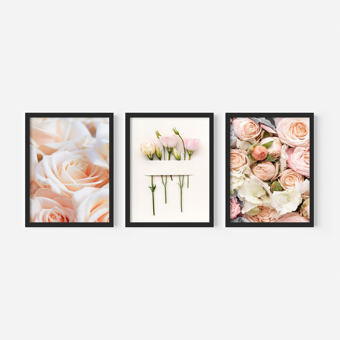 Zestaw obrazy w ramie, plakaty - kwiaty, róże, pastelowe - rama czarna