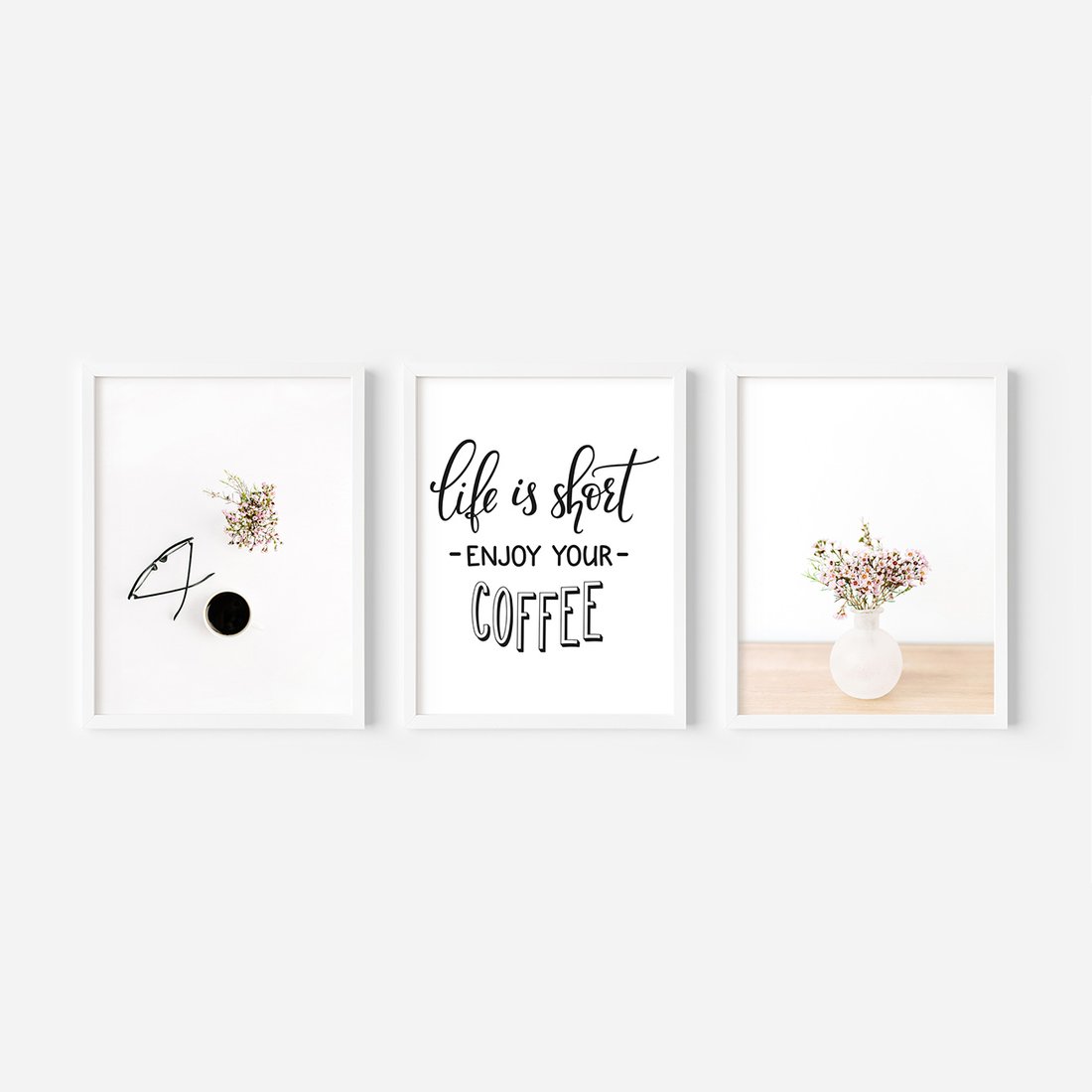 Zestaw obrazy w ramie, plakaty - kwiaty, kawa, okulary - rama biała