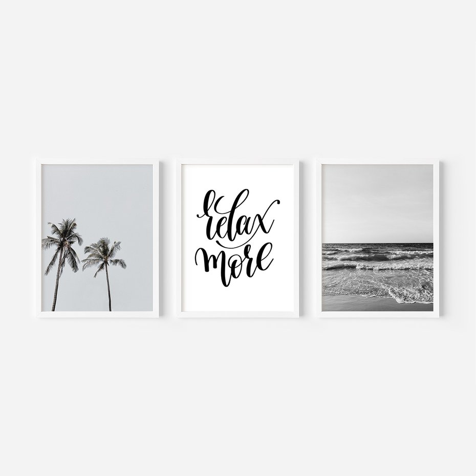 Zestaw obrazy w ramie, plakaty - palmy, morze, relax - rama biała