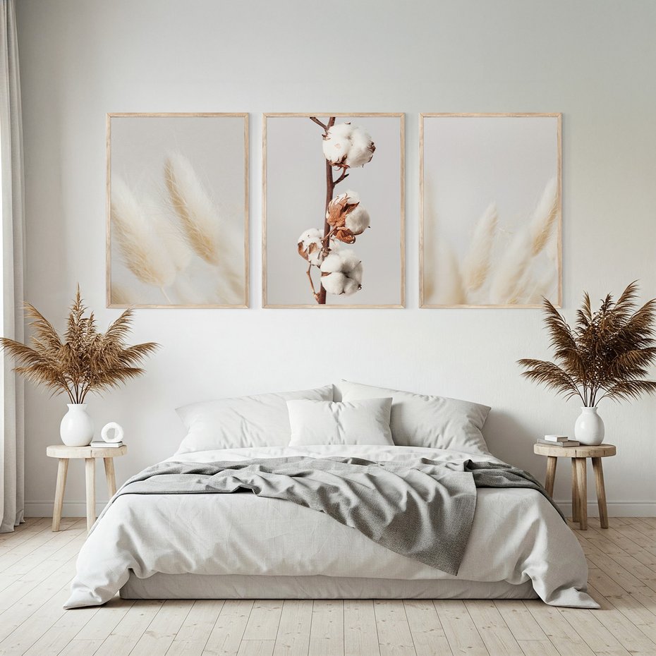 Zestaw obrazy w ramie, plakaty - bawełna, trawa, puszysty - rama drewno