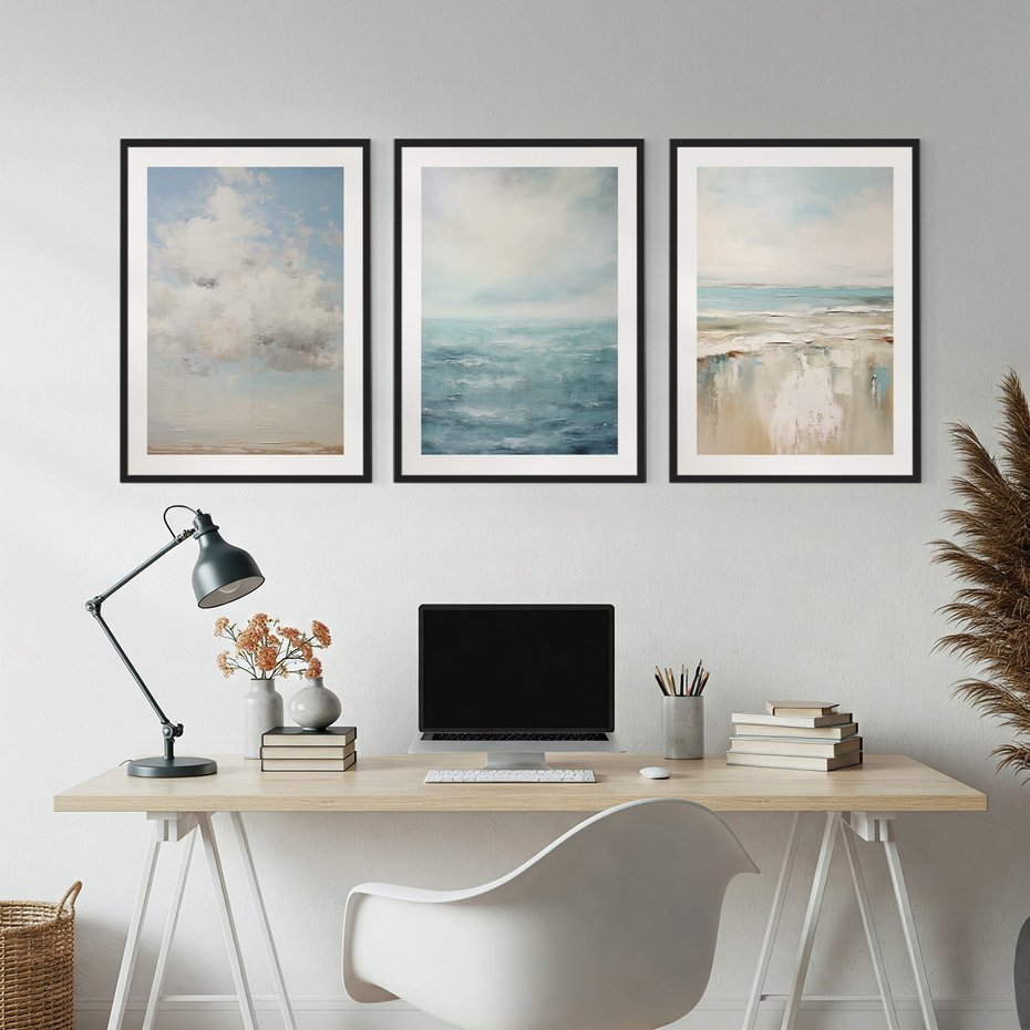 Zestaw obrazy w ramie, plakaty - morze, chmury, abstrakcja - rama czarna