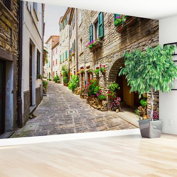 Fototapeta - uliczka, kwiaty, budynki