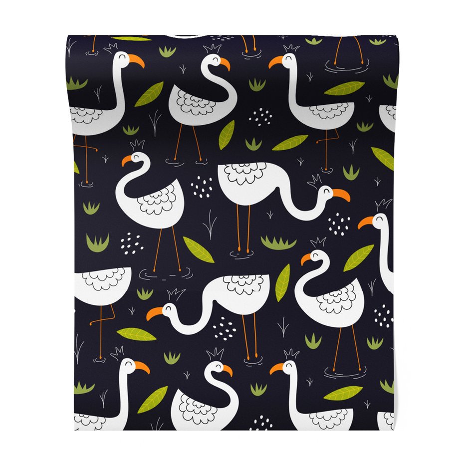 Tapeta - flamingi, liście, woda