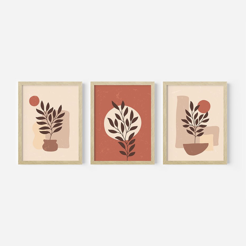 Zestaw obrazy w ramie, plakaty - liście, roślina, abstrakcja - rama drewno