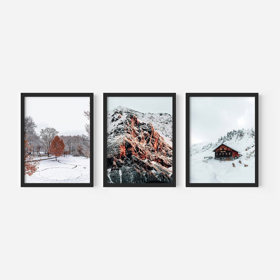 Zestaw obrazy w ramie, plakaty - zima, śnieg, góry - rama czarna