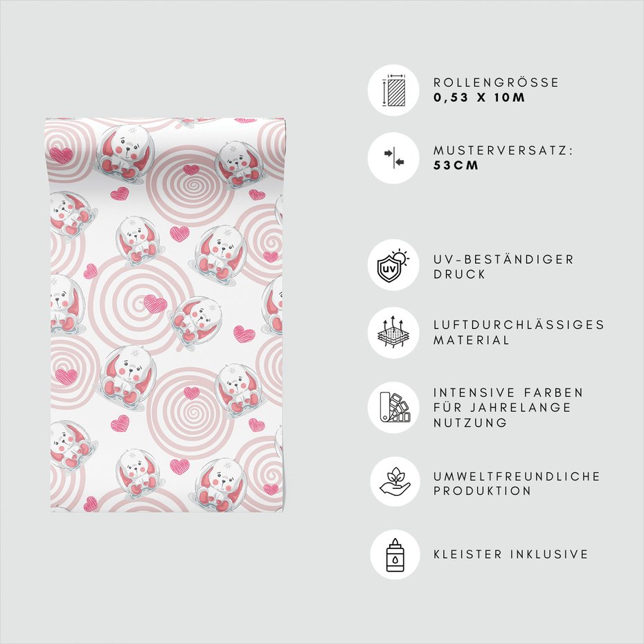 Tapeta - dziecięca, królik, serca, spirale