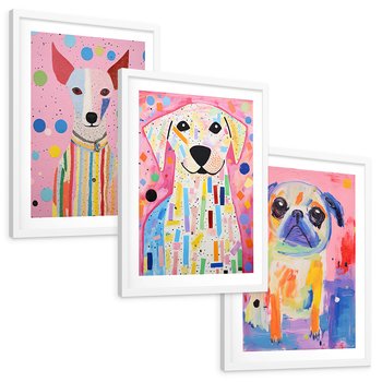 Zestaw obrazy w ramie, plakaty - zwierzęta, psy, kolorowe - rama biała