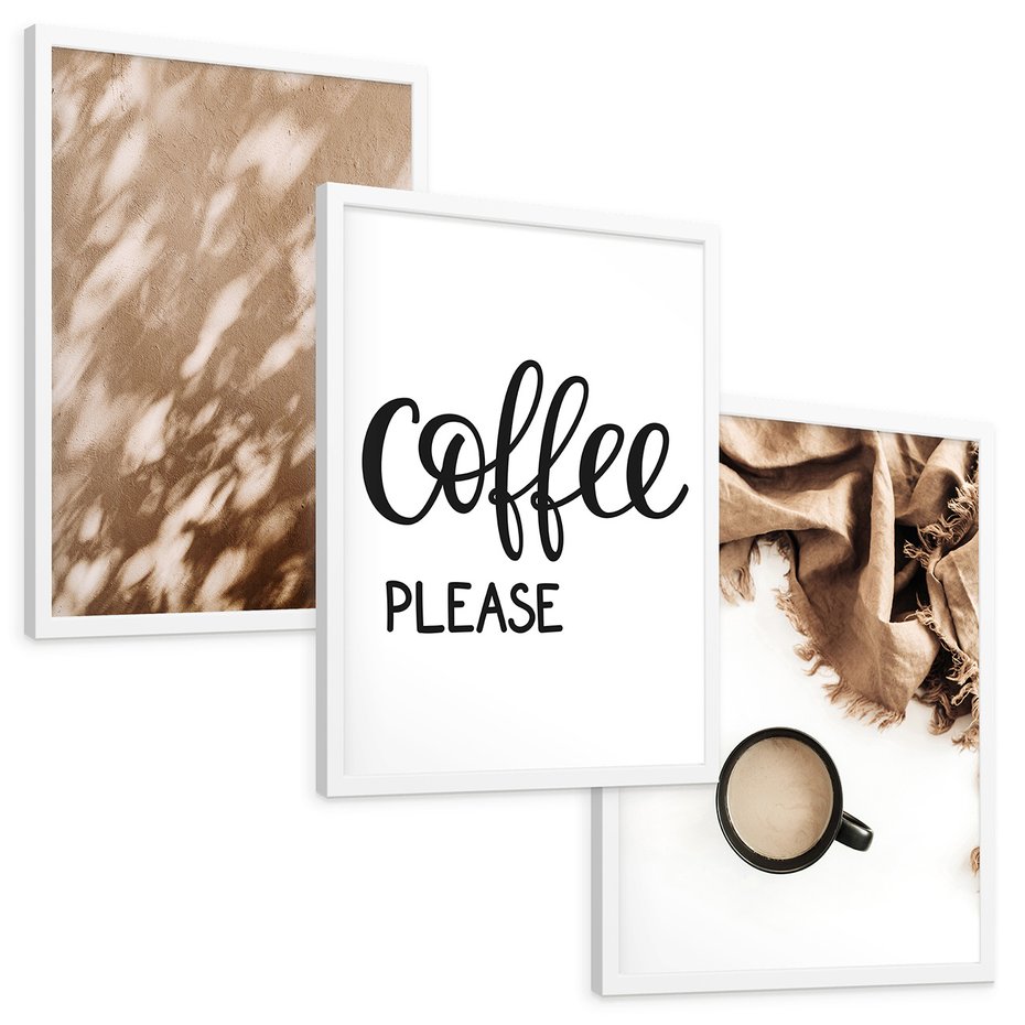 Zestaw obrazy w ramie, plakaty - kawa, napój, tekst - rama biała